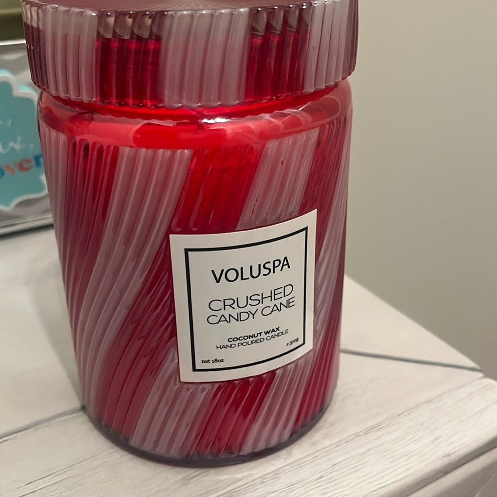 Voluspa Crushed Candy Cane candle.